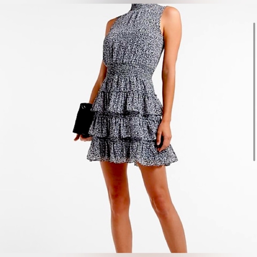 Express animal print sleeveless mock neck tiered dress